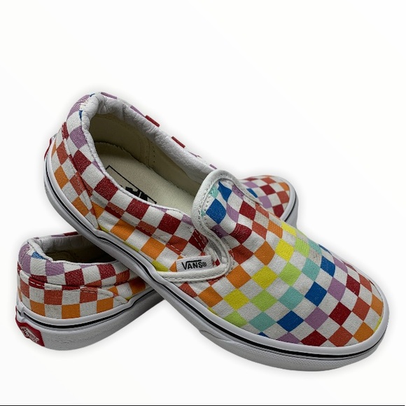 rainbow checkerboard slip on vans